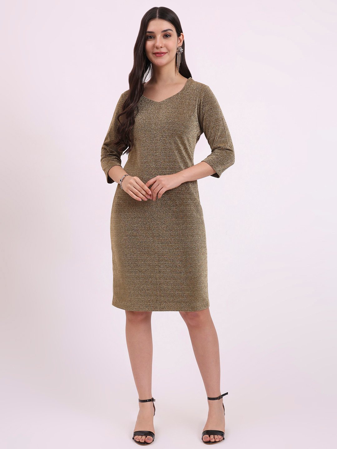 Apsra Boutique Golden Bodycon Dress with Sweetheart Neckline & 3/4th Sleeves – Party & Office Wear