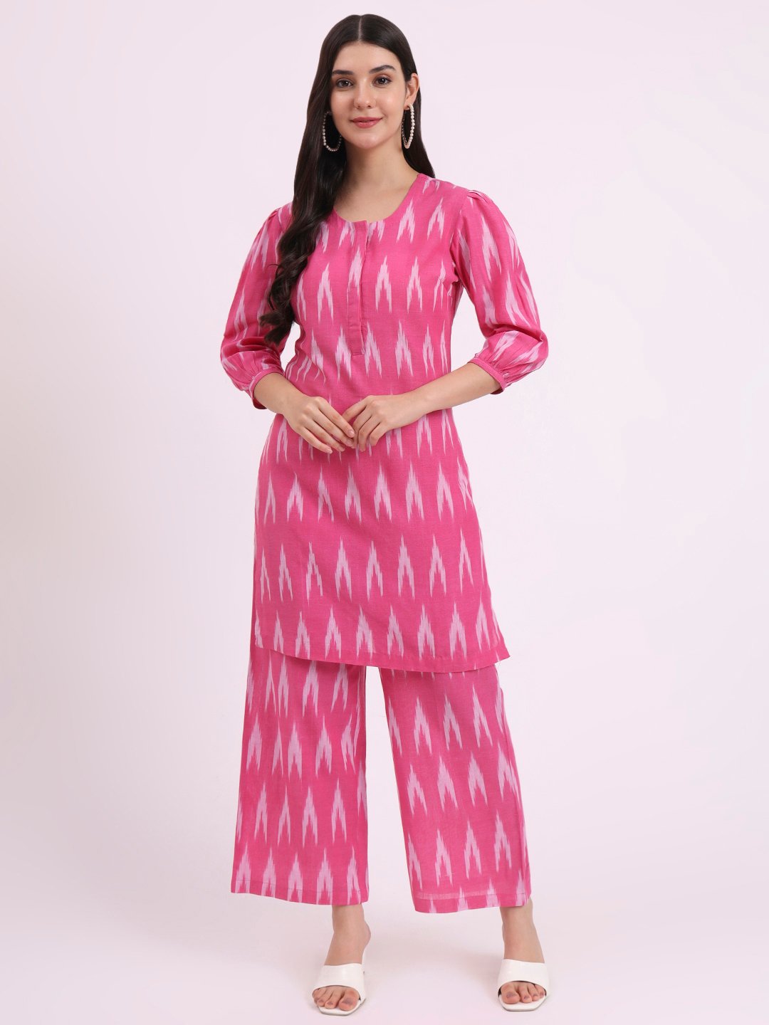 Apsra Boutique Pink Ethnic Kurti with Pant Set – Pure Cotton Ikkat Print