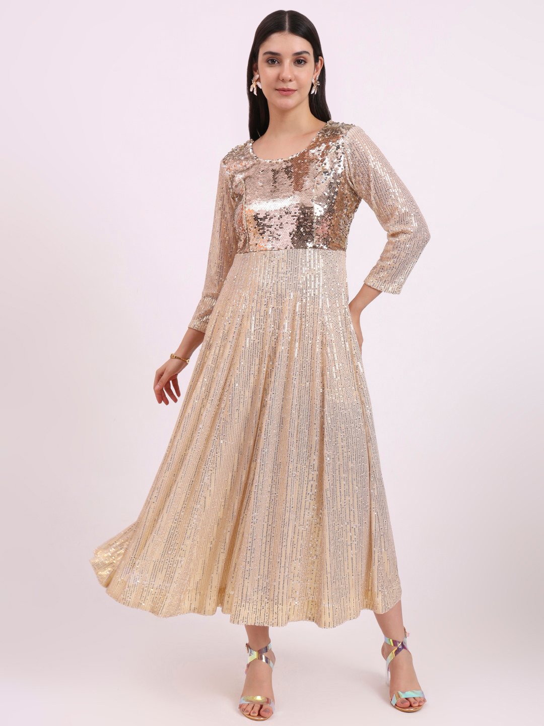Apsra Boutique Golden Sequin Maxi Flared Dress – Party Wear for Women