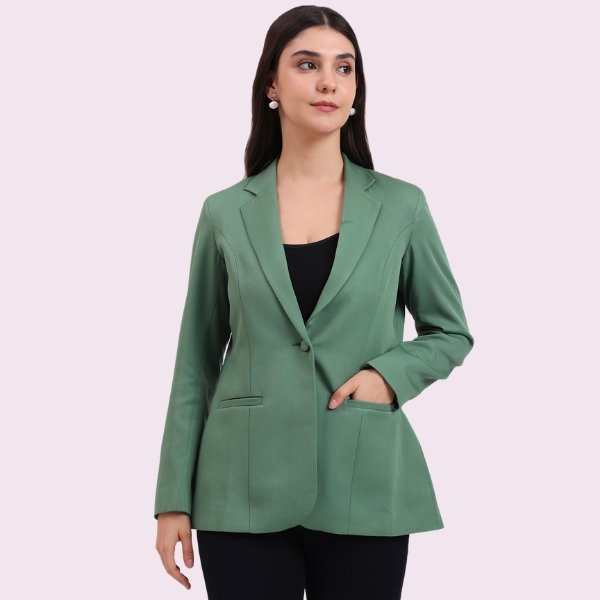 Single Button Dark Green Color, Notched Lapel Collar,Full Sleeves,Official & Party Wear Blazer For Women, Regular Fit