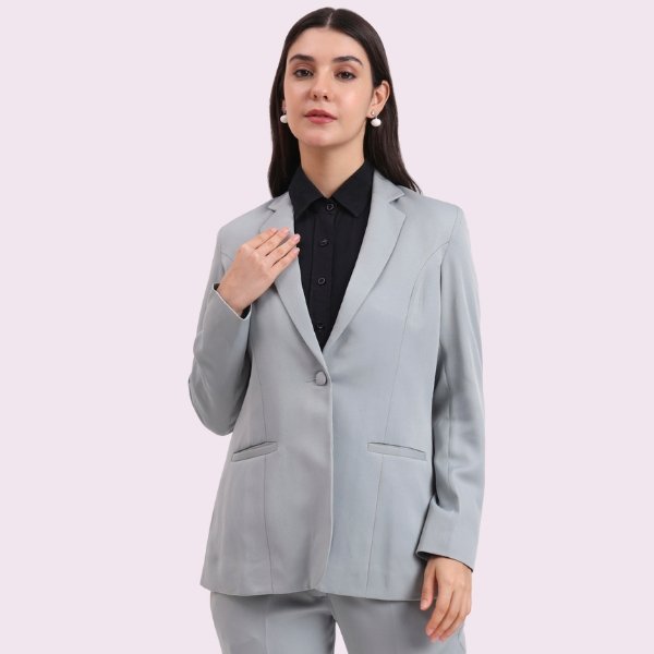 Single Button Grey Color, Notched Lapel Collar,Full Sleeves,Official & Party Wear Blazer For Women, Regular Fit